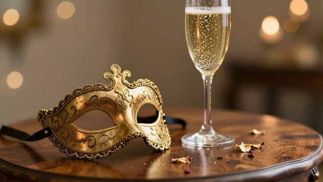 Golden mask and champagne glass on wooden table with scattered petals.