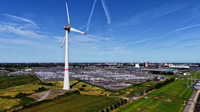 Aerial view of the Volkswagenwerk Emden car manufacturing plant with a large wind turbine in the foreground and extensive vehicle storage lots in Emden, Niedersachsen, Germany.