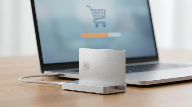 Card reader device and laptop with shopping cart icon on desk.