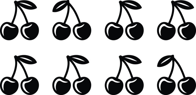 Collection of black cherry fruit with stems and leaves, featuring simple shapes and silhouettes, isolated on a white background, for food and use