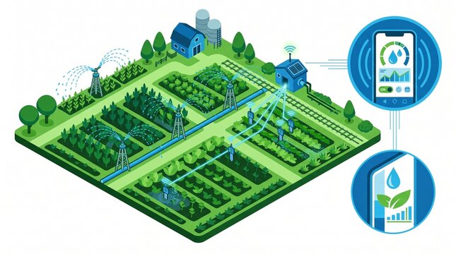 Smart Farm Automated Sprinkler Irrigation System with IoT Sensors and Mobile App Control Isometric Illustration