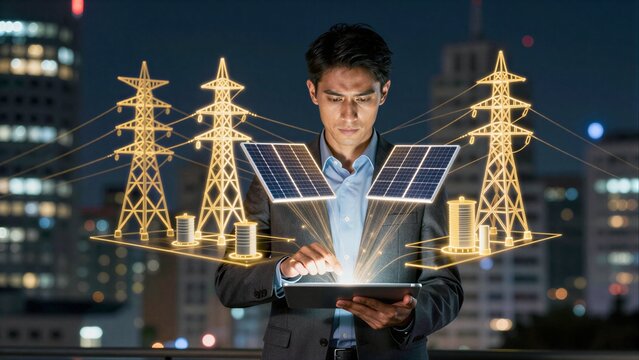 Man analyzes renewable energy systems on tablet against city skyline at night.