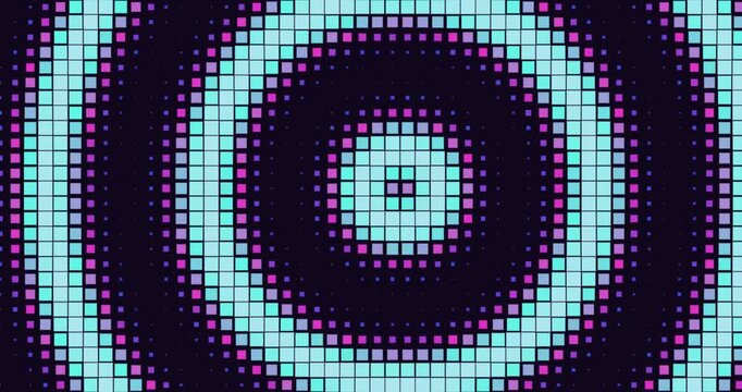 Abstract pixelated concentric square rings in cyan, magenta and purple on dark background