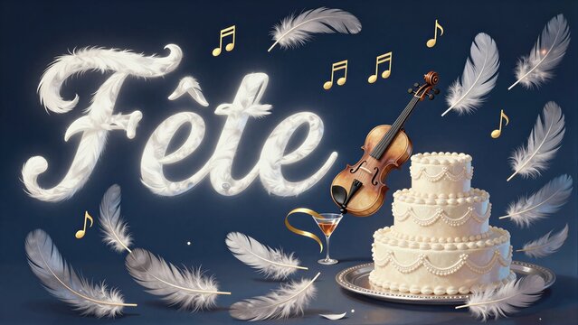 Fte celebration with violin, cake, feathers, and musical notes against a dark blue backdrop.