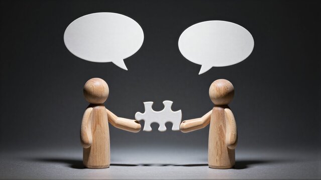 Two wooden figures share a puzzle piece, symbolizing teamwork and communication.