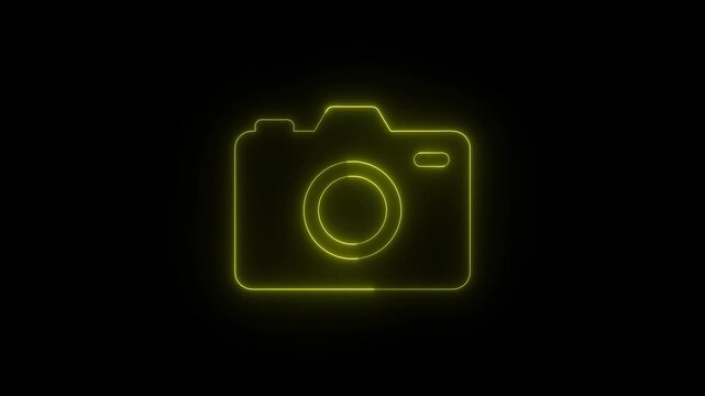 Yellow neon camera icon glowing on black background featuring clean modern outlines and minimalist tech aesthetic.
