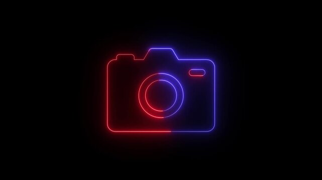 Camera icon glowing with neon red and blue light motion animation against deep black background for professional graphics.