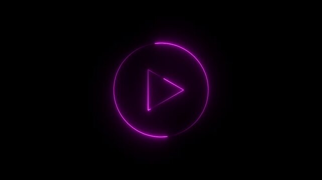 Neon play icon animation with glowing pink light circle moving around media start button on black background footage.