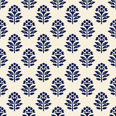 Seamless floral pattern with navy blue botanical motifs on a cream background, Indian block print inspired textile design for fabric, wallpaper, wrapping and decor © opart