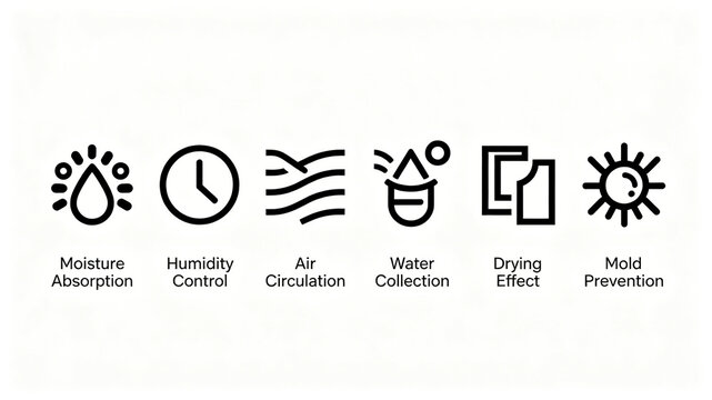 Represents moisture absorption, water collection, mold prevention, and drying, suitable for moisture-proof home appliance detail pages and product selling point illustrations.
