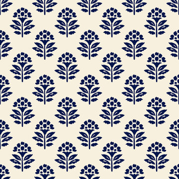 Seamless floral pattern with navy blue botanical motifs on a cream background, Indian block print inspired textile design for fabric, wallpaper, wrapping and decor