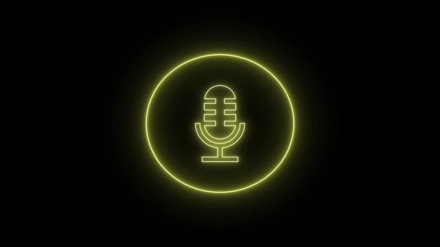 Neon microphone icon glowing within yellow circle on black background for dynamic podcast branding or audio graphics.