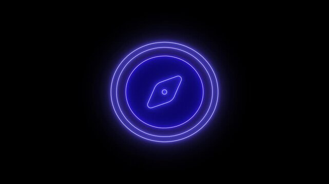 Neon blue compass icon spinning continuously on black background representing navigation or direction in futuristic style.