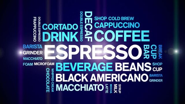 Espresso coffee animated word cloud-animation tag kinetic typography seamless loop.