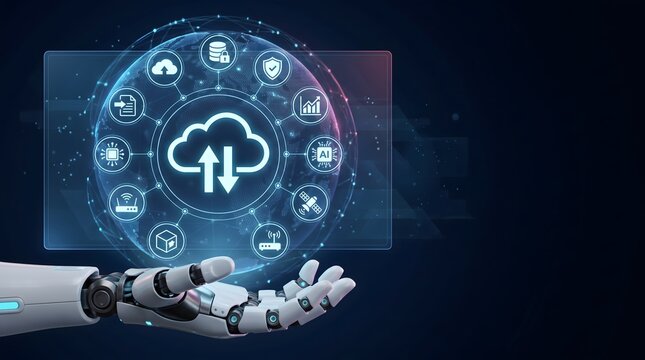 Robotic hand presenting holographic cloud computing ecosystem managing global data analytics and artificial intelligence infrastructure