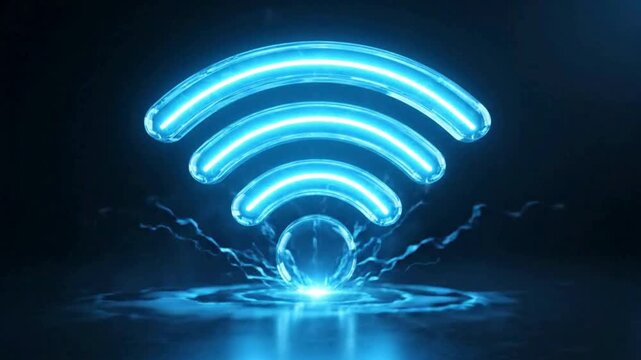 A glowing blue Wi-Fi signal emitting from a digital sphere, symbolizing wireless connectivity and modern technology.