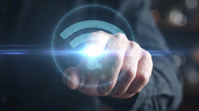 A close-up shot shows a person's hand touching a glowing digital icon symbolizing Wi-Fi connectivity. The futuristic interface is illuminated by a bright light emanating from the touchpoint.