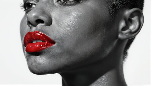 Bold red lips contrast against monochrome skin, capturing allure and intensity.