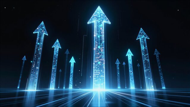 Digital arrows surge upward, symbolizing growth and progress in a futuristic tech landscape.