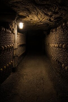 Narrow underground catacombs tunnel with walls stacked with human bones and skulls illuminated by a single wall lamp bone walls dark tunnel underground crypt historical site creepy dungeon