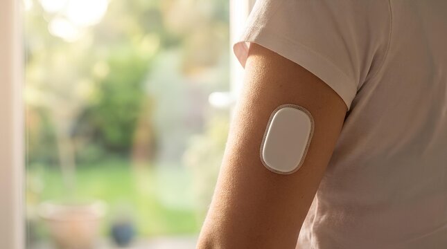 Continuous glucose monitor sensor patch attached to a person's upper arm.