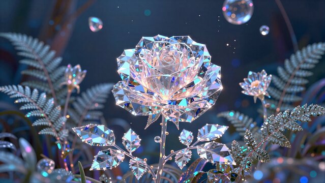 A sparkling diamond rose blooms in a magical, glittering garden with shimmering leaves.