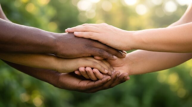 Close up of diverse human hands stacked together showing unity and teamwork.