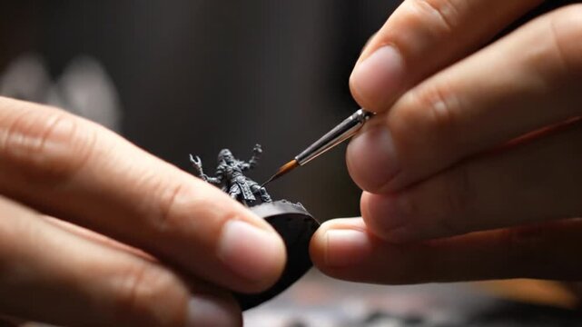 Man Painting Miniature Figure with Detail Brush. 4K Video