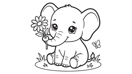 Fototapeta premium Cute Baby Elephant Coloring Page with Flower and Butterfly Line Art for Kids