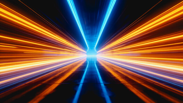 A futuristic abstract tunnel with converging blue and orange neon light beams creating a sense of speed and depth.