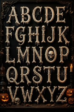 Halloween spooky alphabet typography made of bone with skull and pumpkins bone letters skull font scary letters gothic alphabet bone texture horror design skull icon dark board halloween them