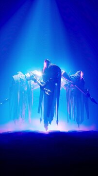 3D Render of Three Hooded Warlock Warriors Floating Under Blue Spotlight