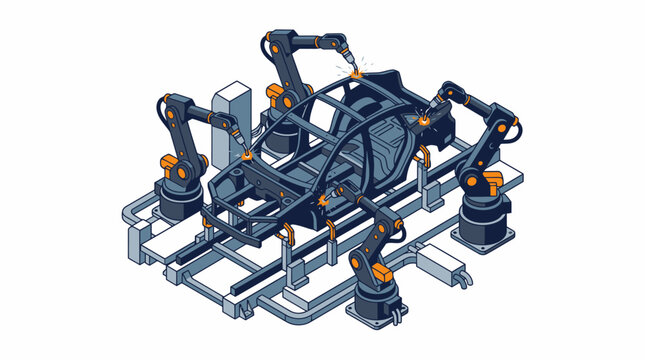 Industrial robotic arms assembling car chassis on production line.