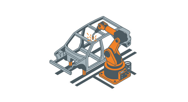 Industrial robotic arm assembling car chassis in factory.