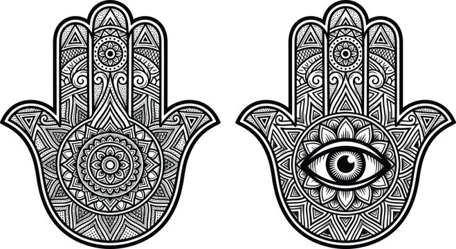 Detailed hamsa hand symbols with intricate mandala patterns and protective eye vector illustration