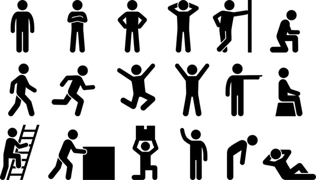 Stick Figure Poses Set, Black vector collection of human pictogram characters in various actions including walking, running, jumping, climbing, lifting and resting