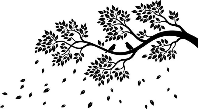 Black vector silhouette of a tree branch with leafy foliage, falling leaves in the wind, and two small perched birds, ideal for wall decal sticker art and nature designs