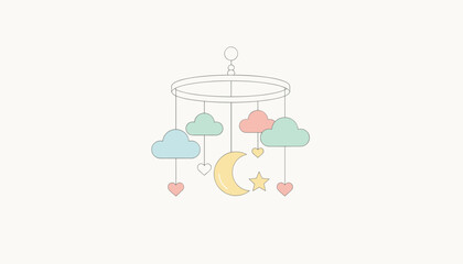 Fototapeta premium Baby crib mobile with pastel colored clouds, hanging hearts, a yellow crescent moon, and a star hangs on a plain white background.