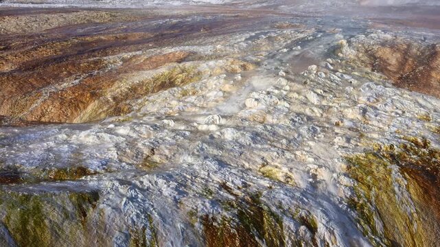 Colorful travertine terraces flowing into Clematis Creek, lower terrace at Mammoth Hot Springs, summer morning on vacation at Yellowstone National Park viewing natural geothermal features
