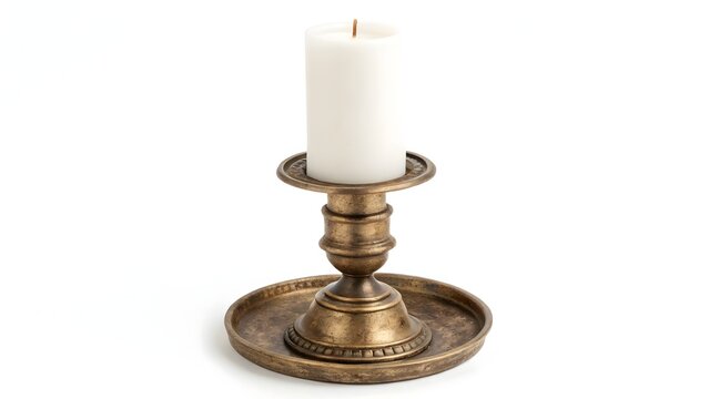 Brass candlestick holder with an unlit white candle stands isolated on a plain white background for home decor.