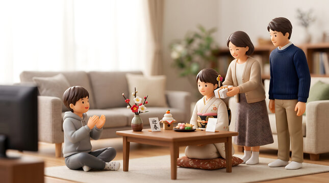 お正月のリビングで振袖姿の娘にプレゼントを渡して成人を祝う家族の3Dイラスト
