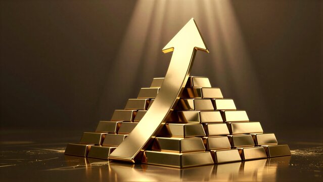 Golden bars stack with upward arrow, symbolizing wealth growth and financial success under spotlight.