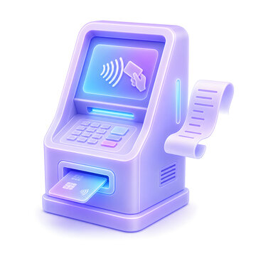 3D isometric illustration of a modern pastel ATM machine featuring a contactless payment screen, inserted credit card, and printed receipt.