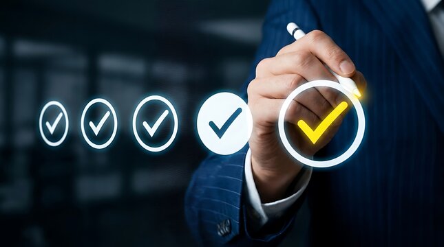 Businessman checking items on a digital checklist virtual screen interface with businessman checklist interface business