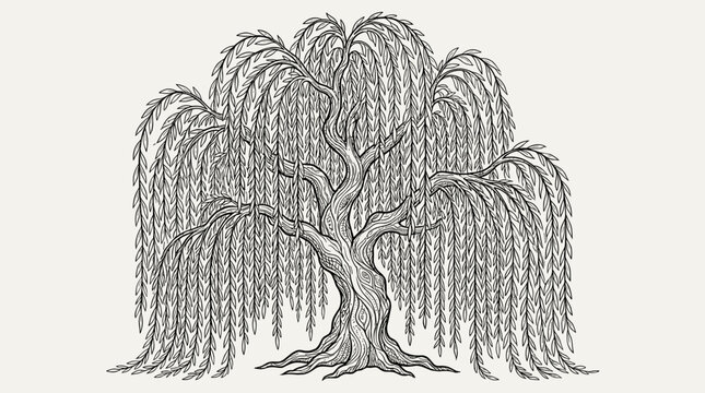 Detailed line art illustration of a weeping willow tree with intricate bark texture and cascading branches, isolated on a light background.