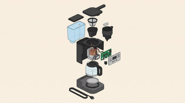 coffee maker exploded view diagram and internal components flat illustration - ai generated