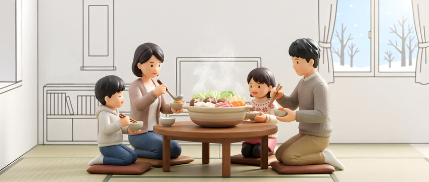 和室のちゃぶ台を囲んで家族で温かい鍋料理を食べる3Dイラスト
