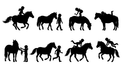 Fototapeta premium Set of silhouettes showing children interacting with horses, riding, walking, and playing, equestrian activities, equestrian training, equestrian