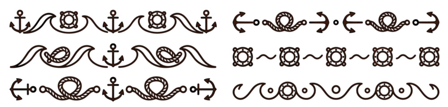 Set of nautical ornamental dividers, vintage anchors and rope patterns, marine borders for stationery, elegant linear decoration for documents