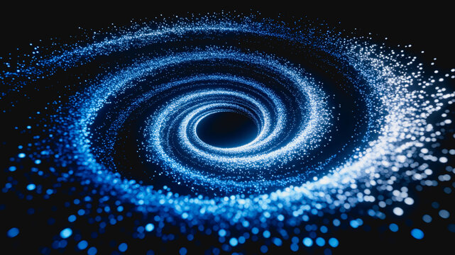 A swirling spiral vortex of glowing blue particles set against a dark cosmic background, resembling a celestial structure.
